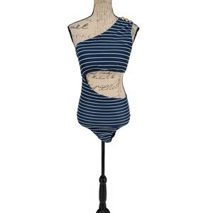 J. Crew Swim Suit SIZE 12 Blue White Stripe New With Tags $120.00 Gold Buttons